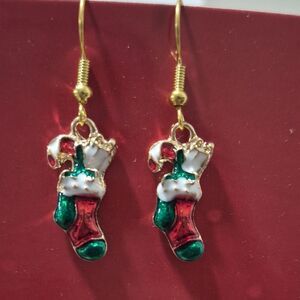 ♡♡♡ Christmas Stocking Candy Cane Dangle Earrings | Festive Enamel Gold Tone